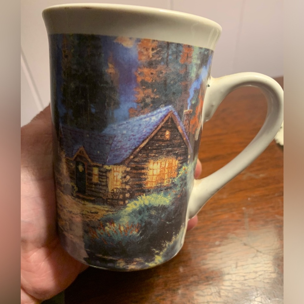 Thomas Kinkade 2005 Scenic Cabin On A Lake vintage coffee mug.